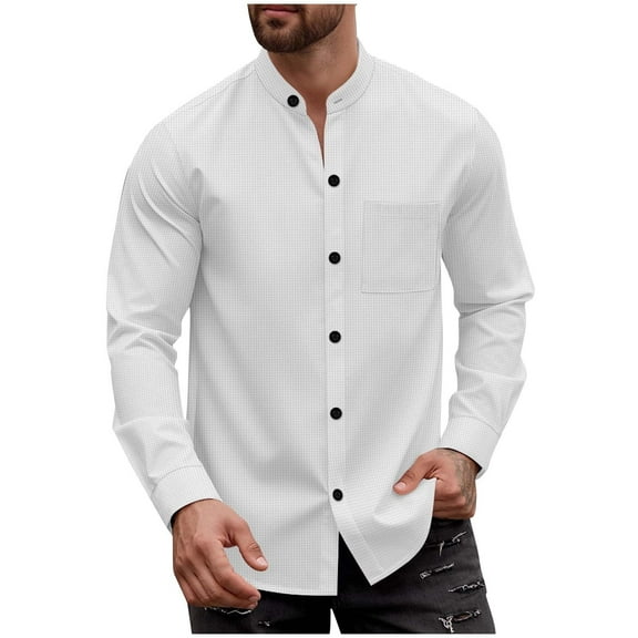 ShomPort Shirts for Mens Button Up Mock Neck Solid Color Textured Tops Comfort Long Sleeve Lightweight Classic Pocket Blouses