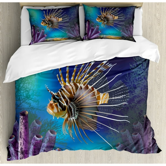 Ocean Duvet Cover Set, Underwater World Exotic Bubble Fish and Plants Nautical Theme Illustration, Decorative 3 Piece Bedding Set with 2 Pillow Shams, Queen Size, Blue Brown Purple, by Ambesonne