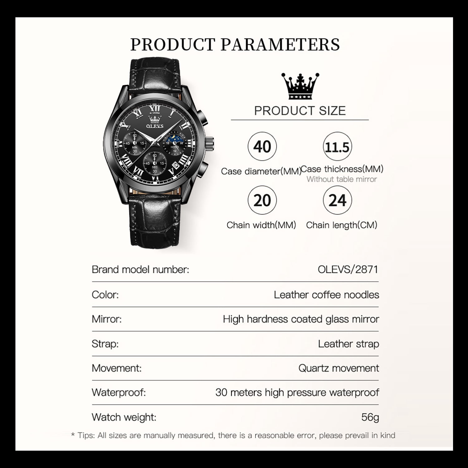 OLEVS Mens Watches Luxury Chronograph Moon Phase Waterproof Luminous Black Leather Strap Date Classic Watch for Men