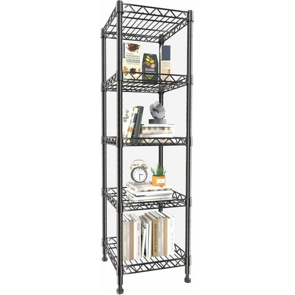 5 Tier Standing Shelving Metal Units, Adjustable Height Wire Shelf Display Rack for Laundry Bathroom Kitchen 11.8 W x 11.8 D x 50 H (5-Tier, Black)