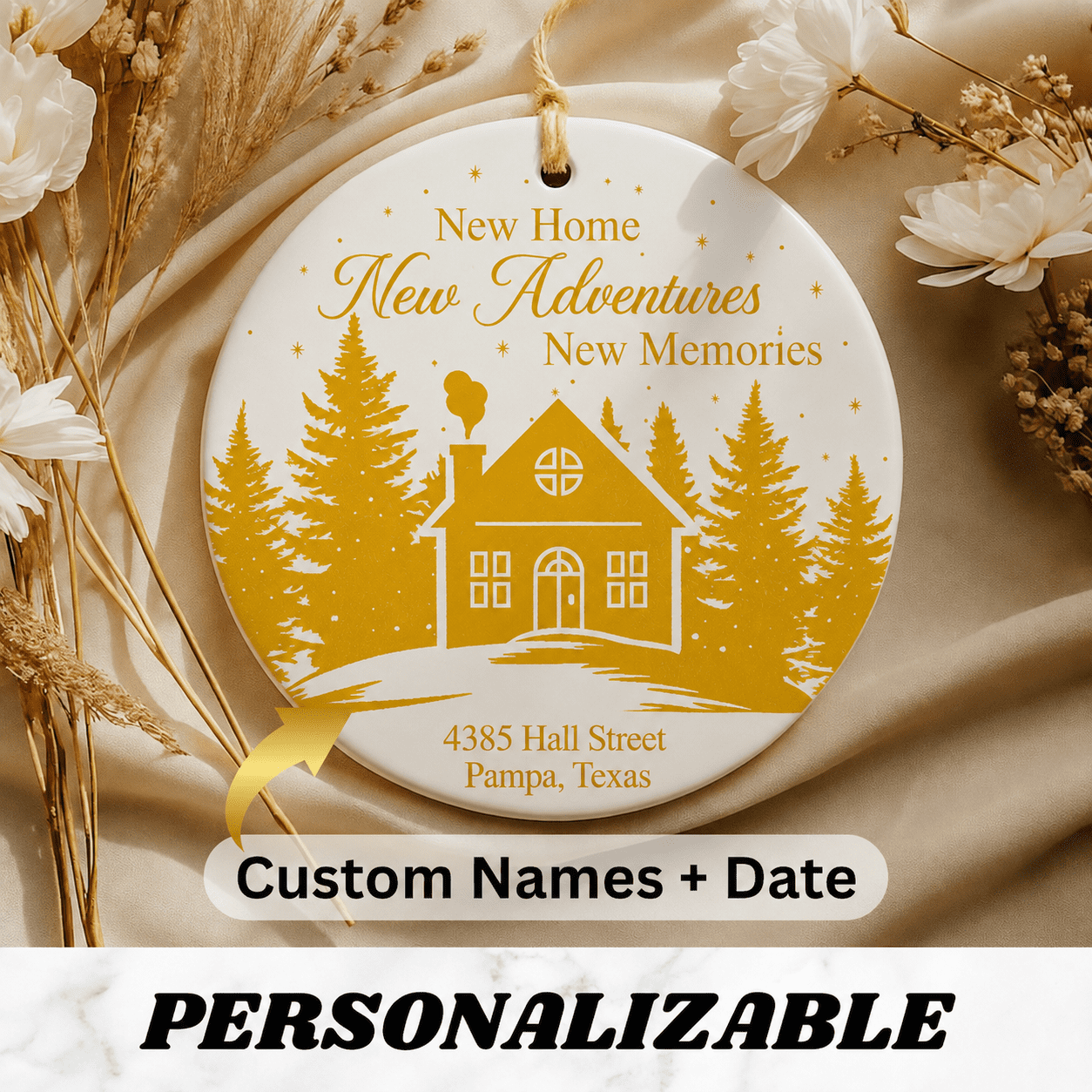 Personalized New Home Ceramic Ornament – Custom Address Housewarming Gift for Families, Friends & Realtors – “New Adventures New Memories” Welcome Keepsake Ornament – Home, Porch, Patio & Garden Deco