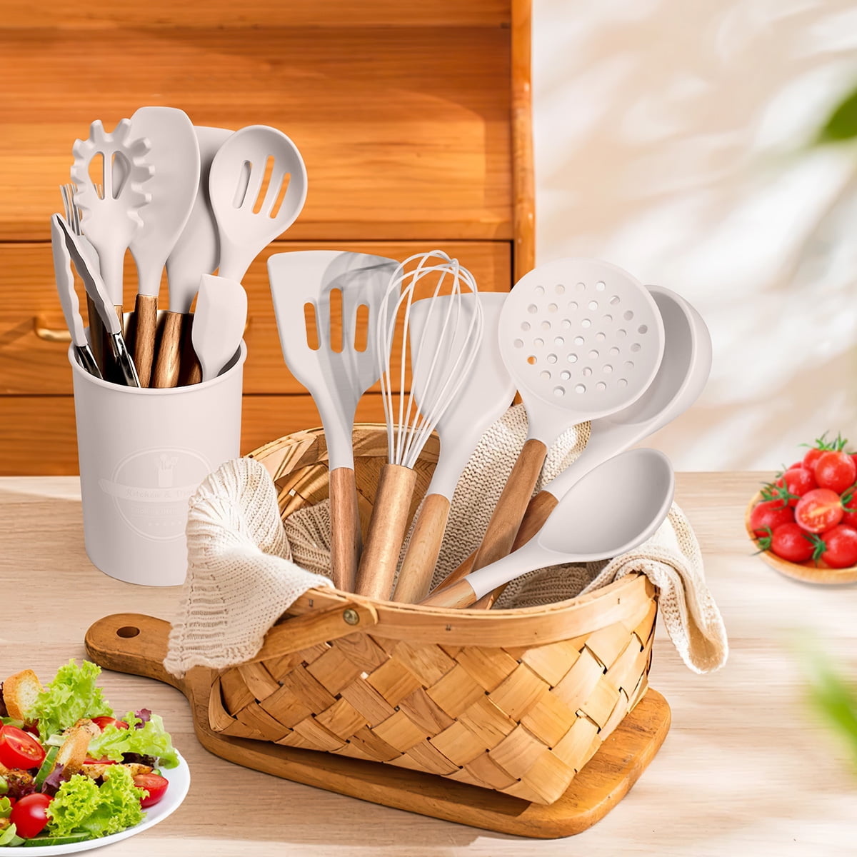 GPED 29 Pcs Silicone Kitchen Utensil Set, Cooking Utensils Set with Wooden Handle, Food Grade Silicone Spatula Set, BPA-Free, 446°F Heat Resistant Kitchen Gadgets Tools Set, Khaki