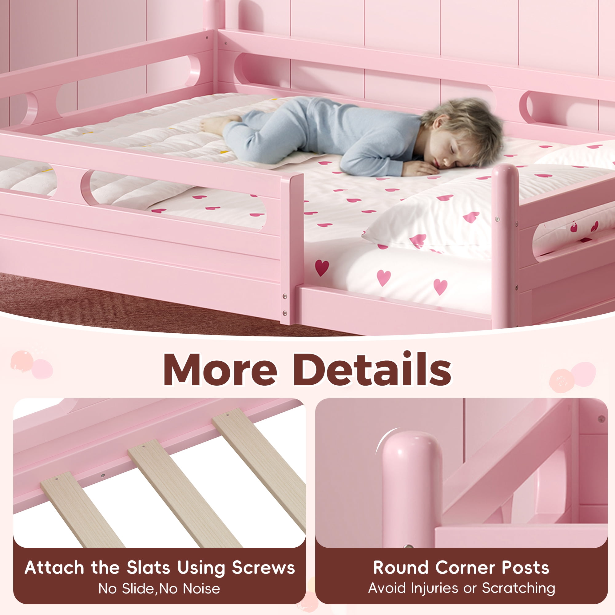 Euroco Wood Full Size Platform Bed, Low Profile Bed with Guardrails and Slats Support, Pink