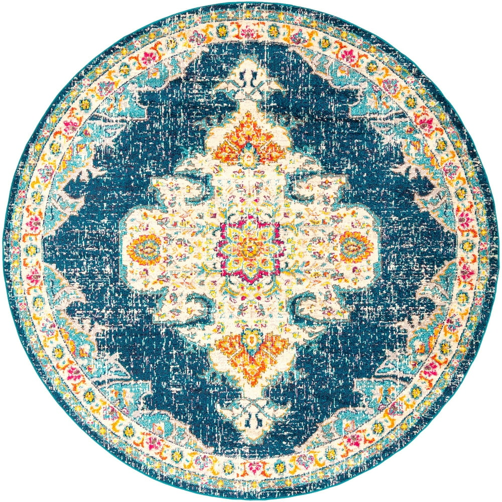 5.25' Traditional Style Teal Blue and Orange Round Area Throw Rug