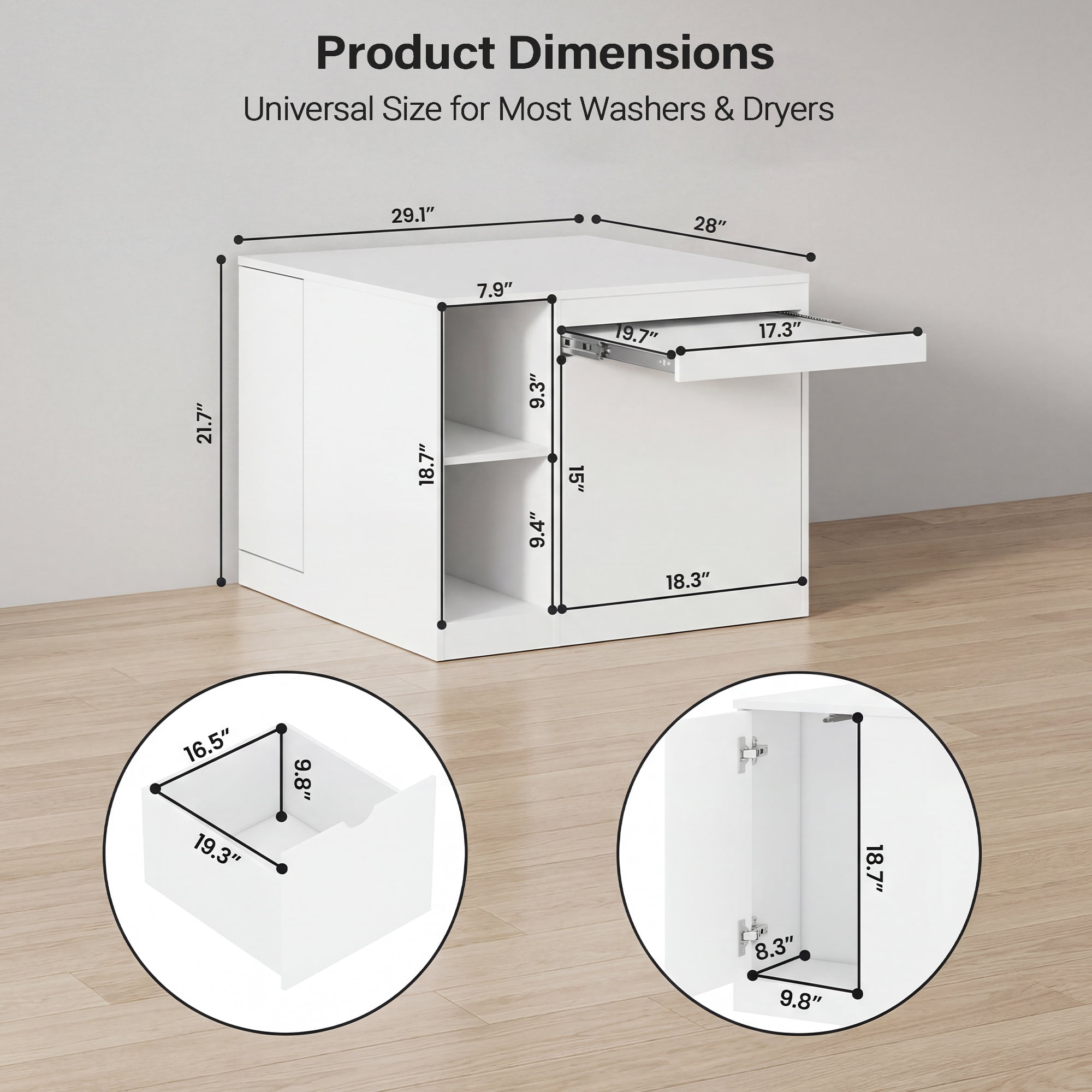 Advwin 29" Washer and Dryer Pedestal, Heavy Duty Washing Machine Stand with Laundry Basket Shelf, Large Drawer, Storage Shelf & Cabinet, Universal Fit Anti-Vibration Laundry Pedestal, White
