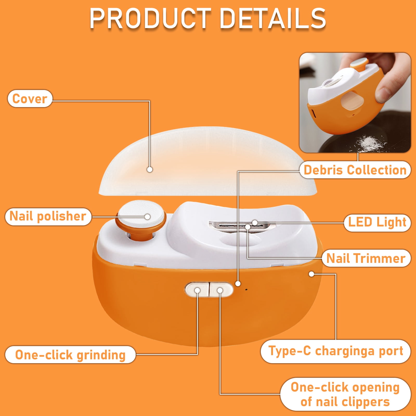 Aorsher 3 In 1 Electric Nail Clippers with Polish, USB Rechargeable Automatic Fingernail Clippers with Light, Battery Powered Nail Trimmer for Elderly, Adults and Women