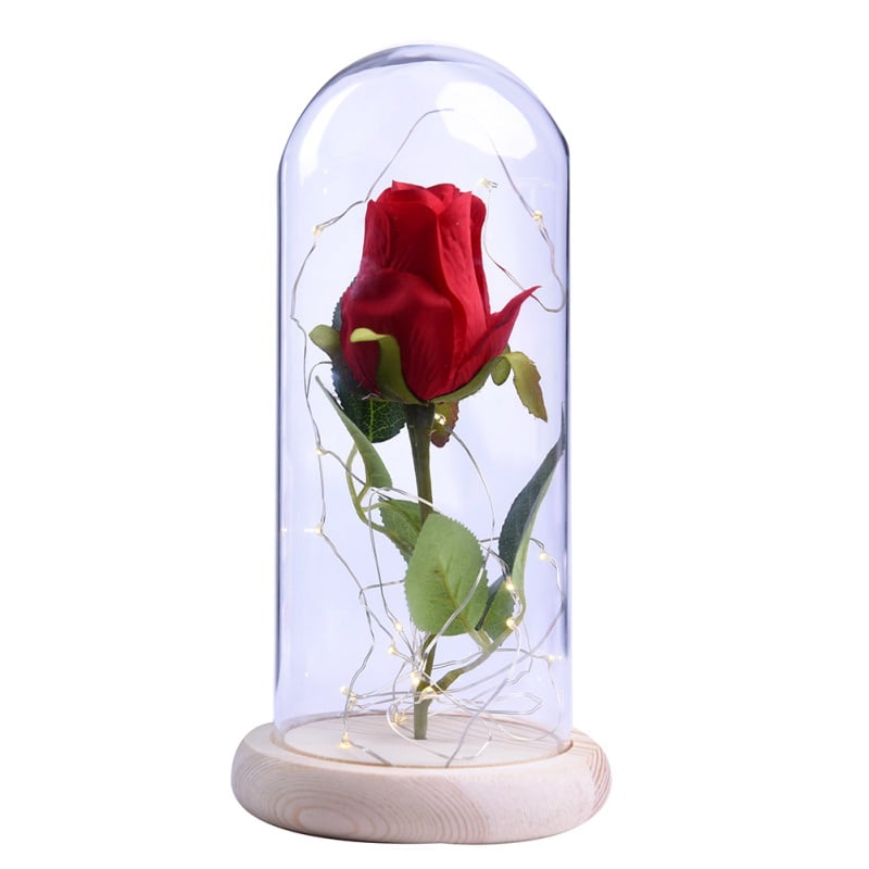 for Valentine's Day Anniversary Birthday Wedding Christmas Mother's Decorations Centerpiece Women Girls B Artificial Enchanted Red Rose 9 LED Light Flower Rose in Glass Dome on Wooden Base 