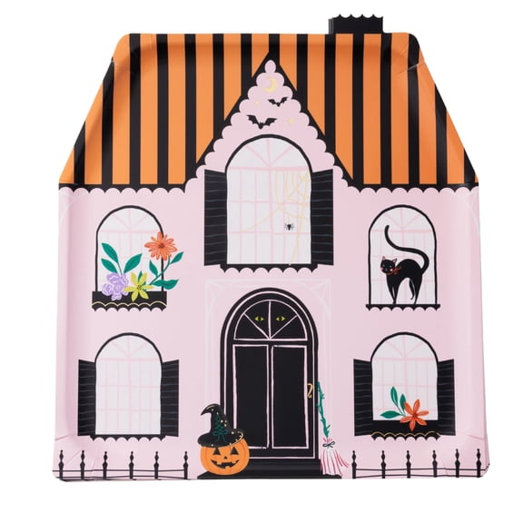 Bonjour Fête Pink Haunted House Dinner Plates, Disposable Party Supplies, 8 Count, 11.5 Inch, Halloween