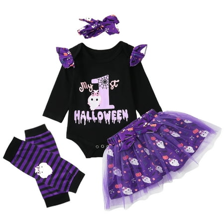 

SYNPOS 0-18M 4Pcs Halloween Baby Girls Outfit Long Sleeve Romper Mesh Bubble Skirt Leggings Headwear Set