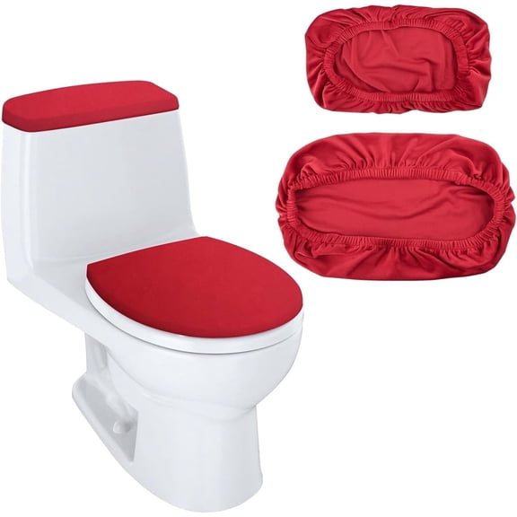 Red Bathroom Toilet Lid Seat Cover Set Polyester Fibre Toilet Lid Cover,Elastic Bottom Cover Set Toilet Tank Lid Cover,Machine Wash Set