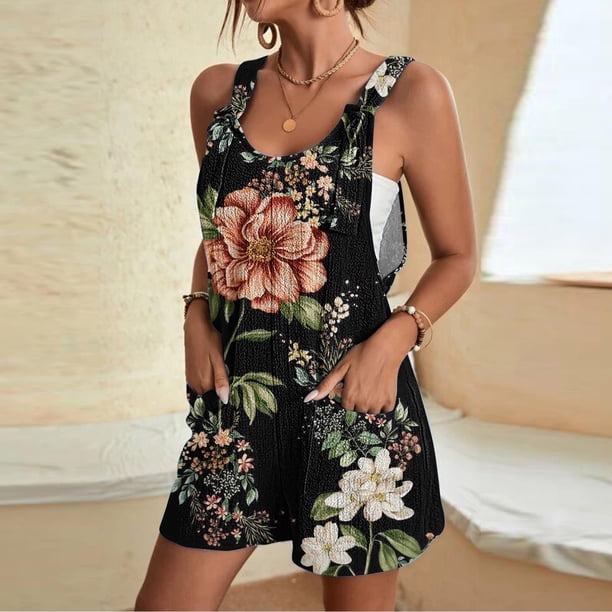 Puntoco Pantalones cortos casuales para mujer Pantalones cortos casuales con estampado de tirantes para mujer Pantalones cortos tipo mono con bolsillos