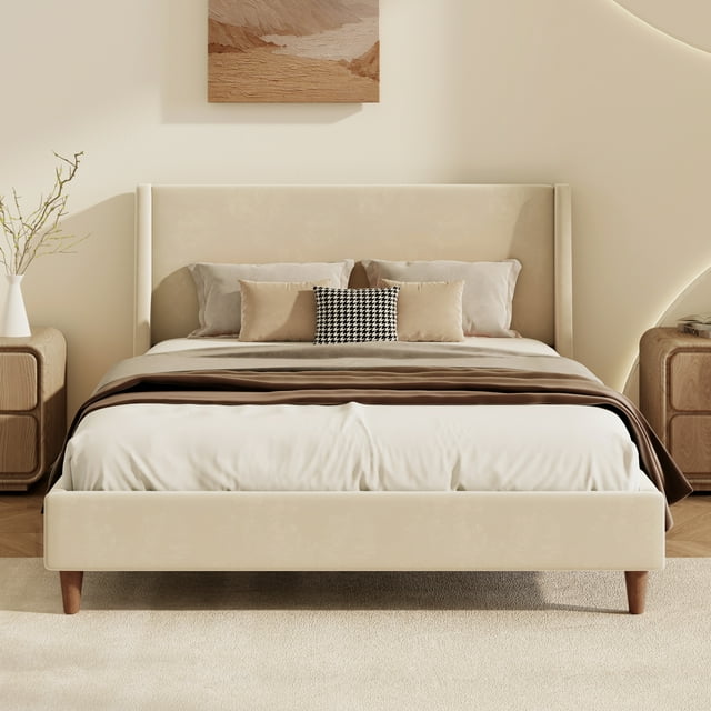 Euroco Lit Plateforme Grand Format Rembourré, Lit en Velours avec Tête de Lit à Ailes, Beige