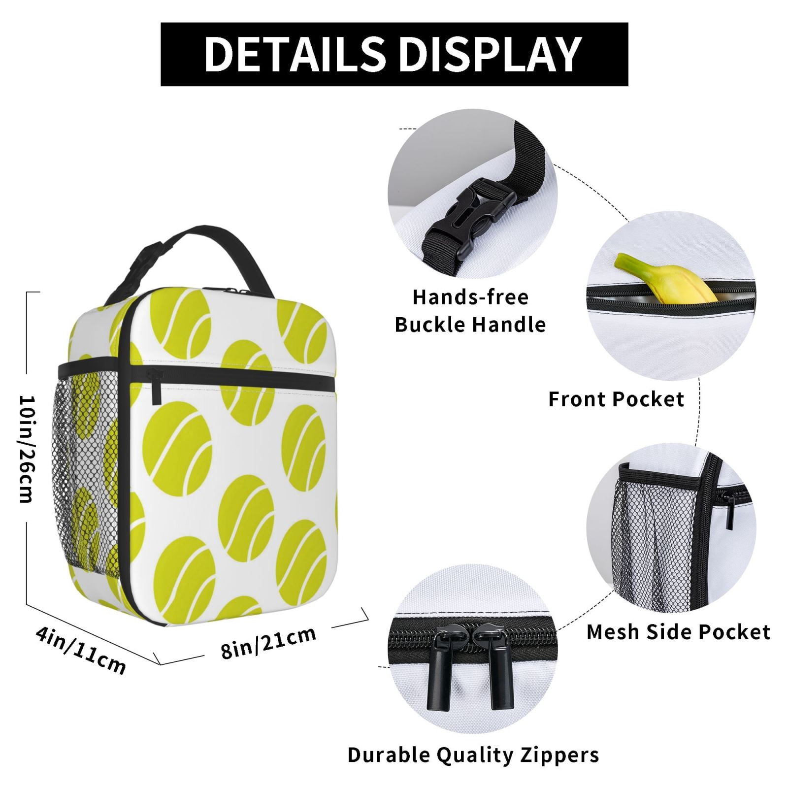Lunch Bag For Women Men Insulated Portable Lunch Box Bento Box Office Picnic Travel Cooler Bag Seamless Pattern Tennis Theme