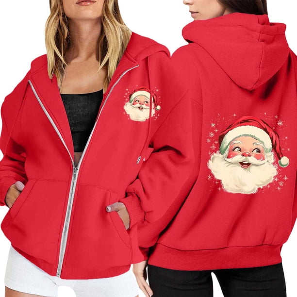 WILLBEST Sudadera Larga para Mujer, con Estampado Navideño, Cremallera, Manga Larga, Bolsillo y Cordón Ajustable XX-Grande