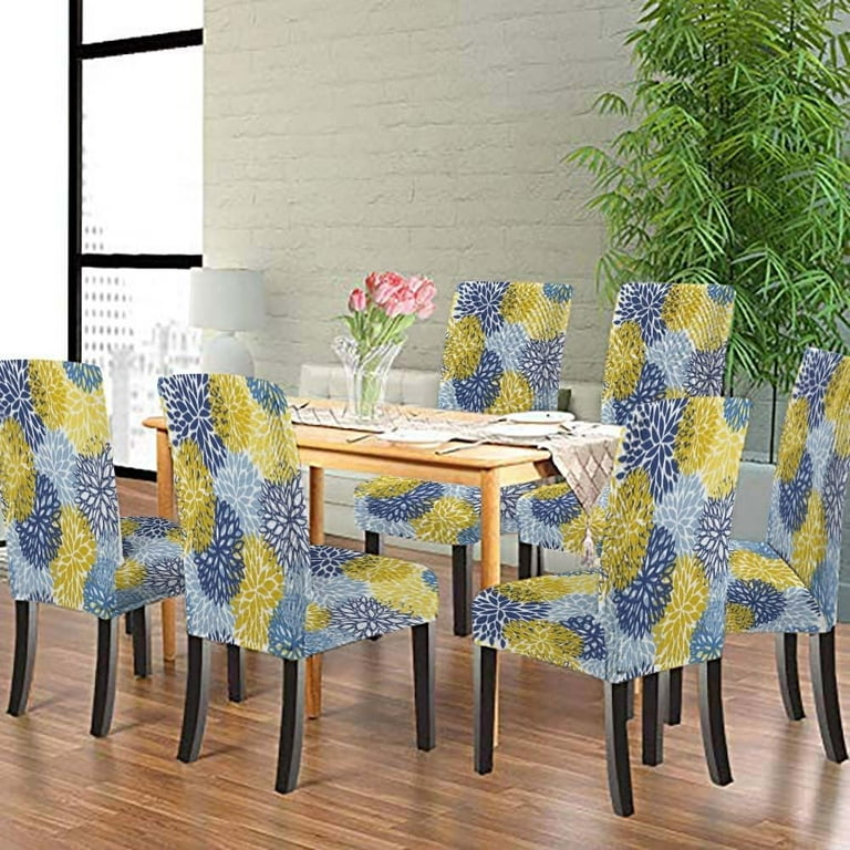 Spring Floral Blue Yellow and Navy Chair Covers Chrysanthemum