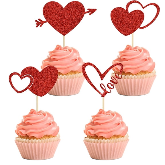 12PCS Valentine's Day Cupcake Toppers - Red Glitter Sweet Love Heart Valentines Cupcake Picks - Double Heart Cake Decorations for Sweet Theme Wedding Engagement Bridal Shower Birthday Party Supplies