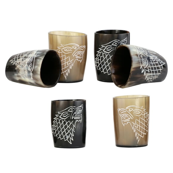 Viking Drinking Horn Cups Gift Whiskey Shot Cup Glass For Wine, Mead, Ale, Beer Ceramic Medieval Inspired Food Safe Vessel | Game of thrones Dire Wolf | 3'' Pack Of 6)