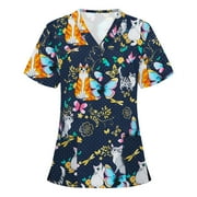 JWZUY Women's Graphic Animal Print Scrub Tops Plus Size V-Neck Short Sleeve T Shirts Workwear Nurse Uniform Pullover Blouse Tee Shirt Navy S