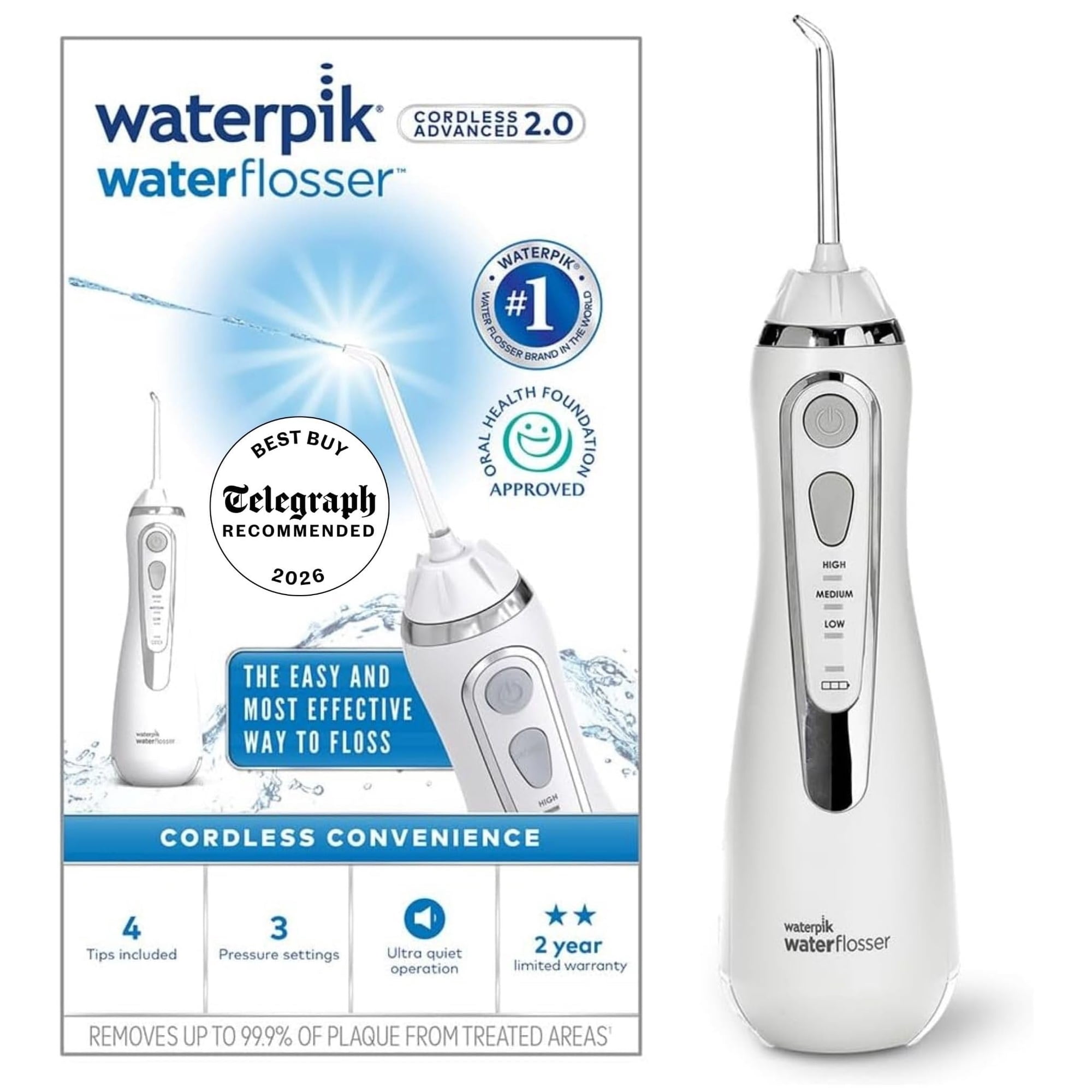 Waterpik Water Flosser Cordless Advanced, Plaque Remover for Teeth, White