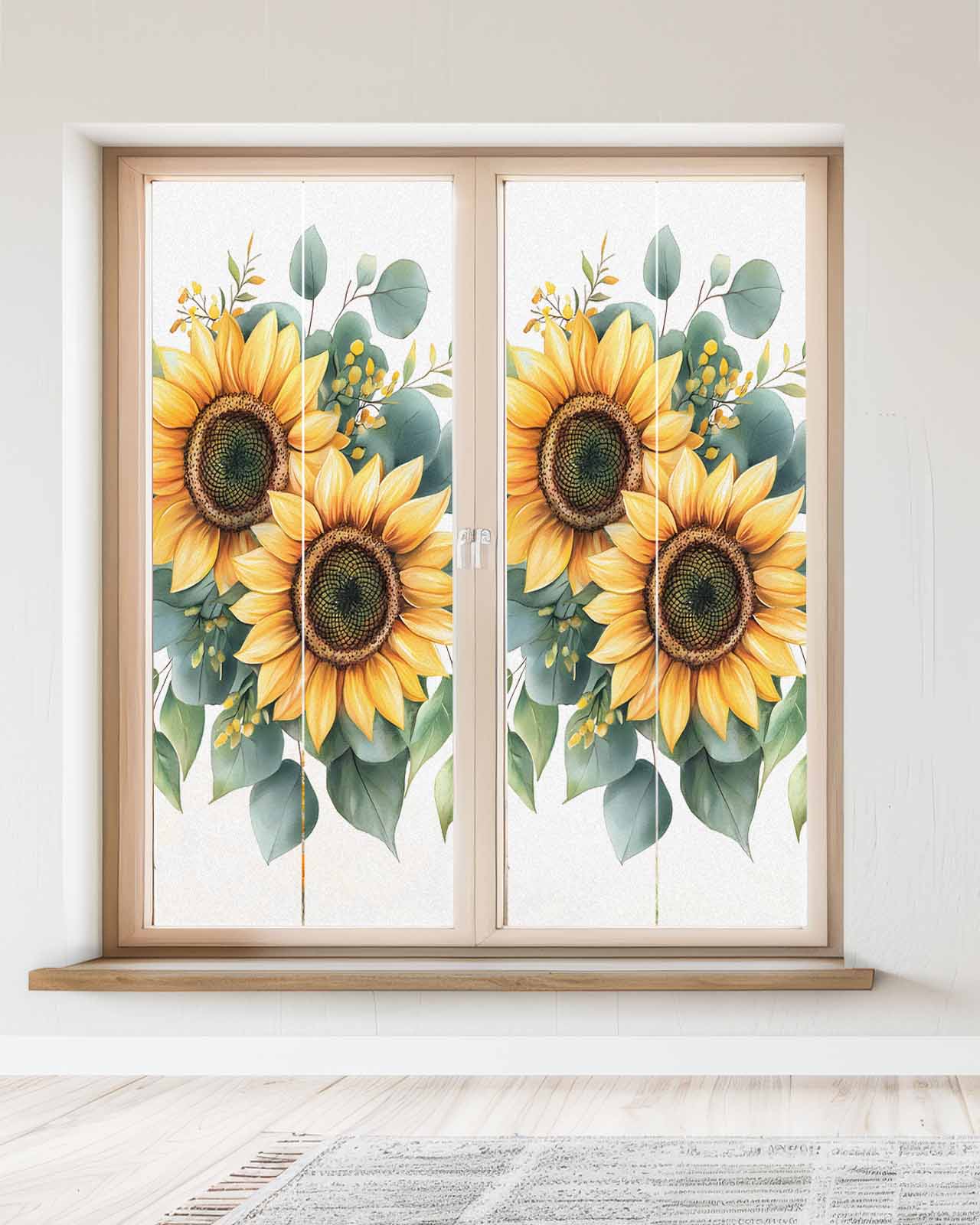 Window Privacy Film Sunflower Stained Glass Window Film Decorative Sun Block Window Cover Green Eucalyptus Leaves Watercolor Botanical Window Clings Static Adhesive Sticker for Bathroom 23.6"x59"
