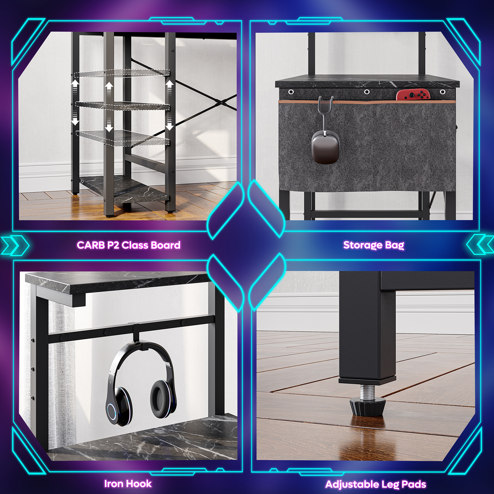Bestier Reversible 44 Inch Gaming Desk with LED Lights, Black photo 3