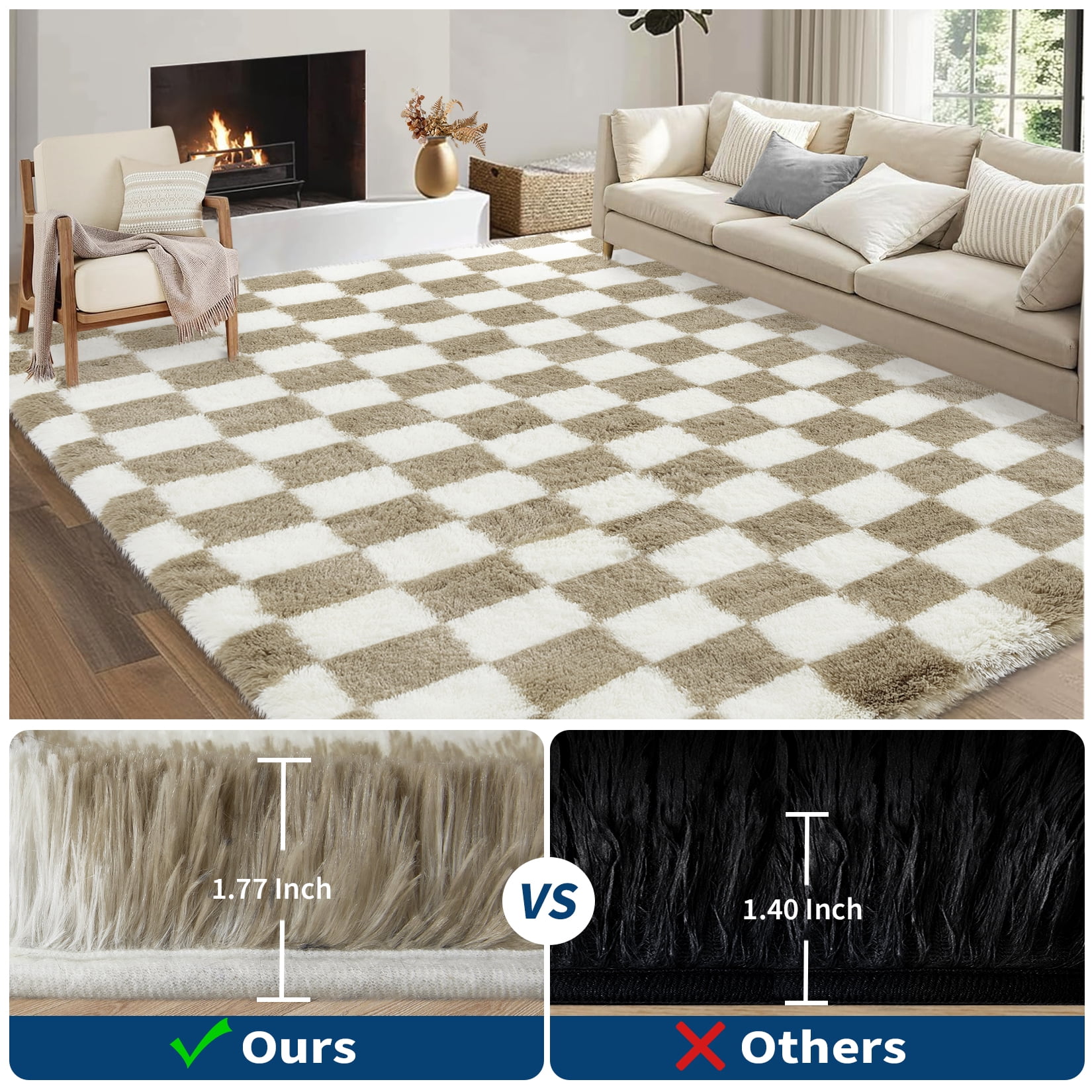 HOMERRY Large 10' x 13' Fluffy Area Rug for Living Room Geometric Check Shaggy Indoor Carpet Fuzzy High Pile Plush Floor Cover, Brown White