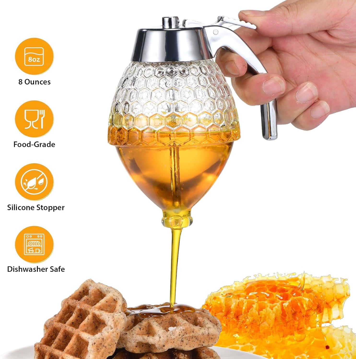 Glass Honey Dispenser 8 Ounces - Drip-Free Jar With Stand, Kitchen Leak-Proof Syrup Dispenser, Elegant Honeycomb Design For Storing Honey, Maple And Coffee