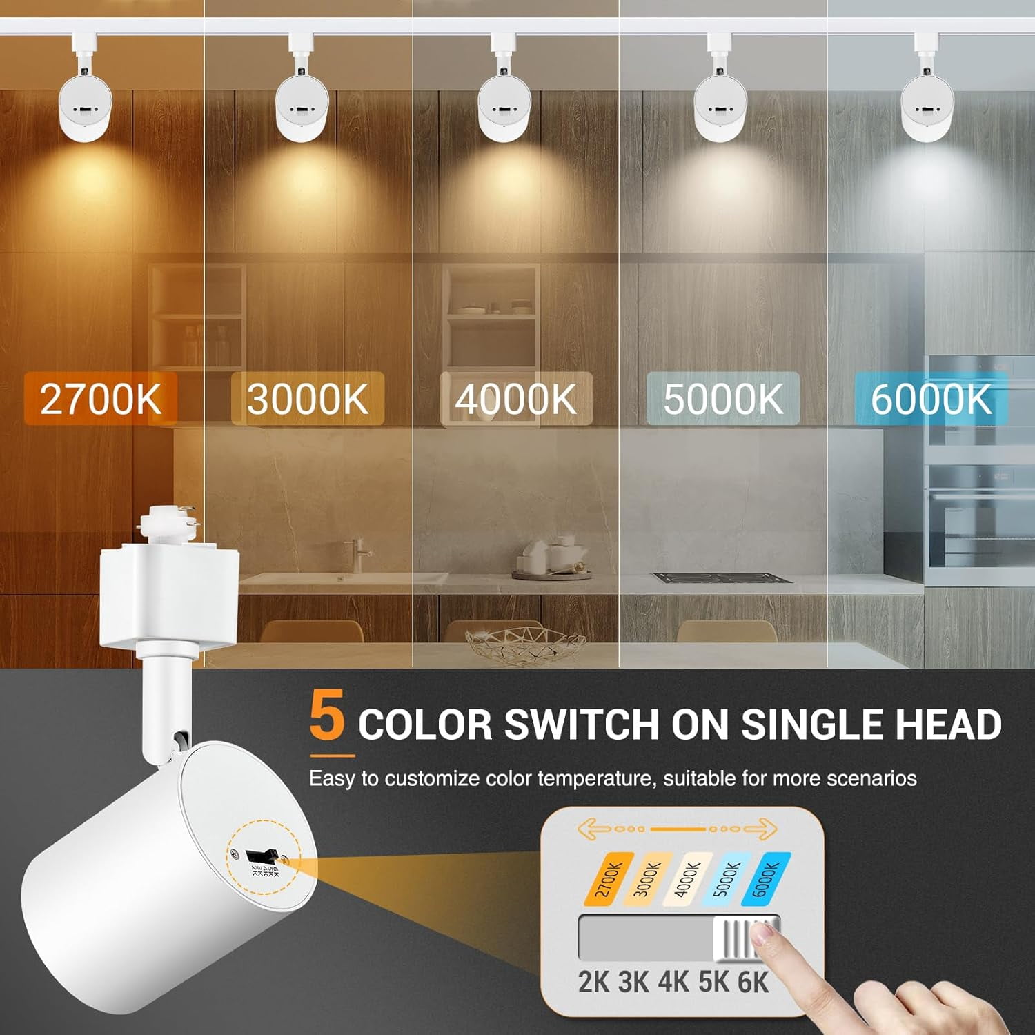 VANoopee 5-Color 6-Light LED Track Lighting Kit with 6.6FT H Type Track Lighting Rail, LED Track Light Heads Dimmable Modern Kitchen Track Lighting Fixtures Ceiling Spotlight, CRI90+ 10W 800lm White
