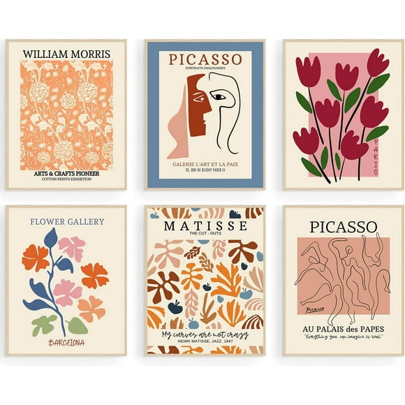 Flower Market Posters Set of 6, Abstract Flower Market Wall Art Prints Exhibition Poster Set, Vintage Matisse Print Picasso Print William Morris Painting Pictures, Boho Room Décor 8x10inch, Unframed)