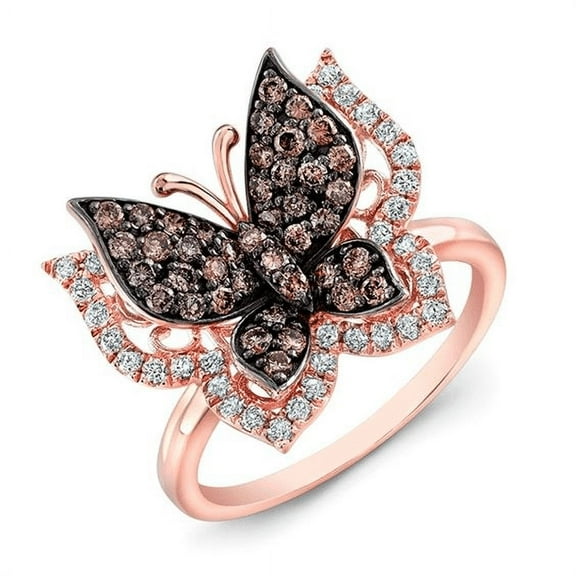 Natural Brown Diamond Butterfly Ring in 14k Rose Gold Finish - Birthday Gift For Her