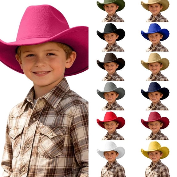Wdgfv Kids Western Cowboy Hat Wide Brim with Band Wool Felt Vintage Jazz Fedora Cowgirl Hats for 3-7 Years Boys Girls 6-12 Years