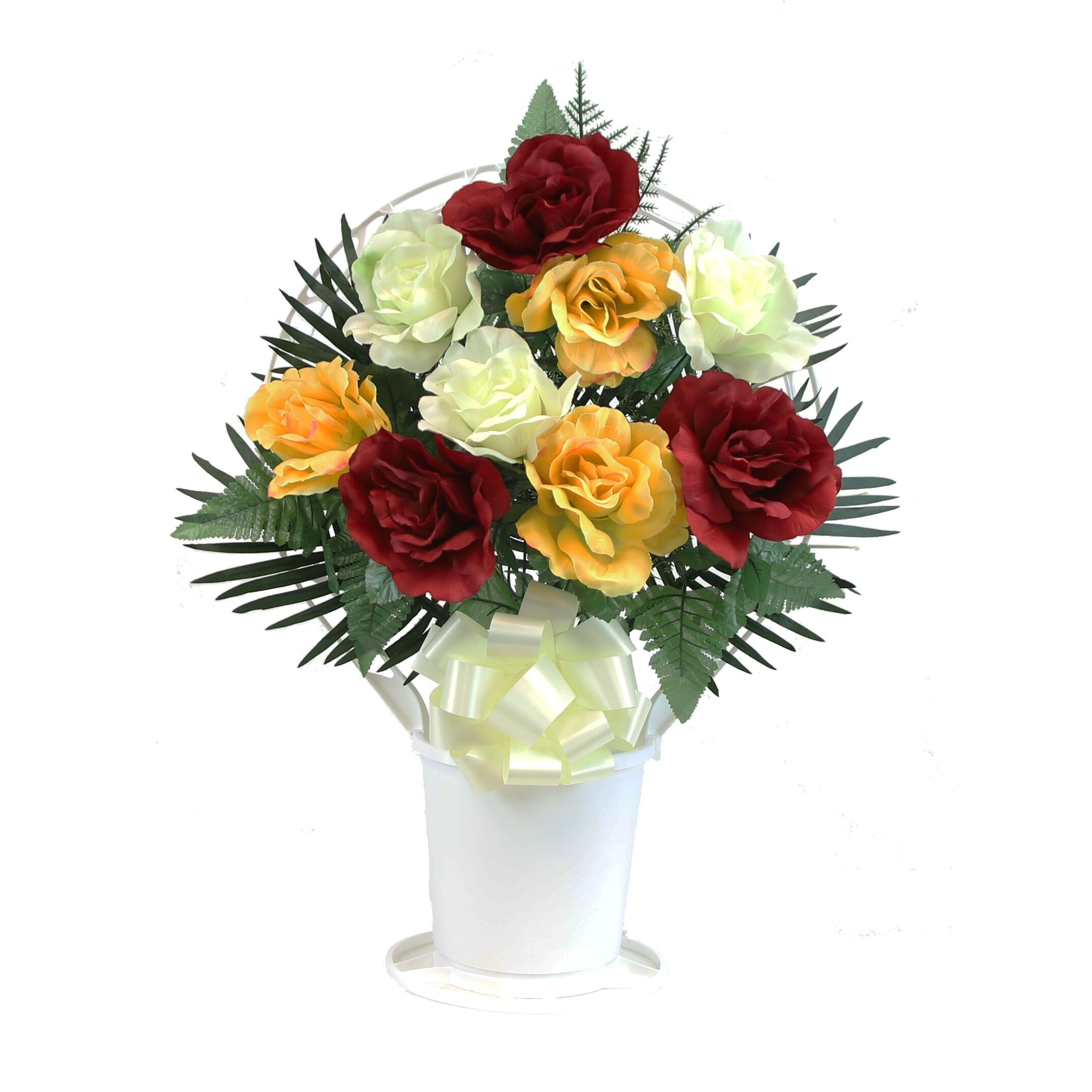 Memorial Large Rose Arrangement in Large, White Cemetery Hoop Basket with Handle - N/A Fuschia, Pink, White