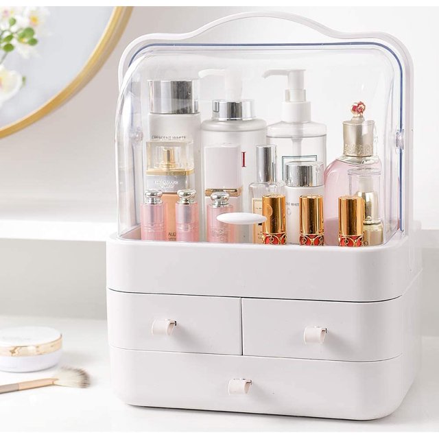 Organizador de cosméticos, organizador de maquillaje, organizador de belleza, almacenamiento de belleza a prueba de polvo, caja de almacenamiento de cosméticos con tapa, asa de transporte, giratoria 180 ° para tocador, baño, dormitorio, blanco MFZFUKR BST3003953-2