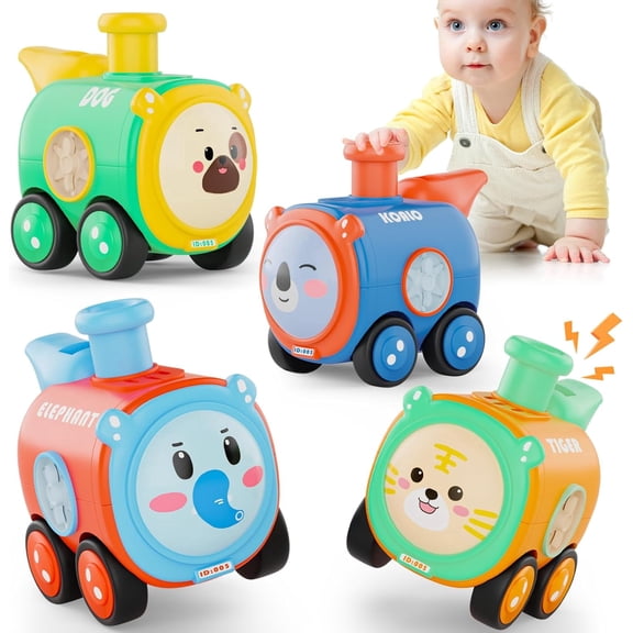 Rirool Baby Train Car Toys 4PCS, Press to Go Push Cars with Whistle Sound, No Battery Toddler Vehicle Toy Set for Boys Girls Ages 1-3