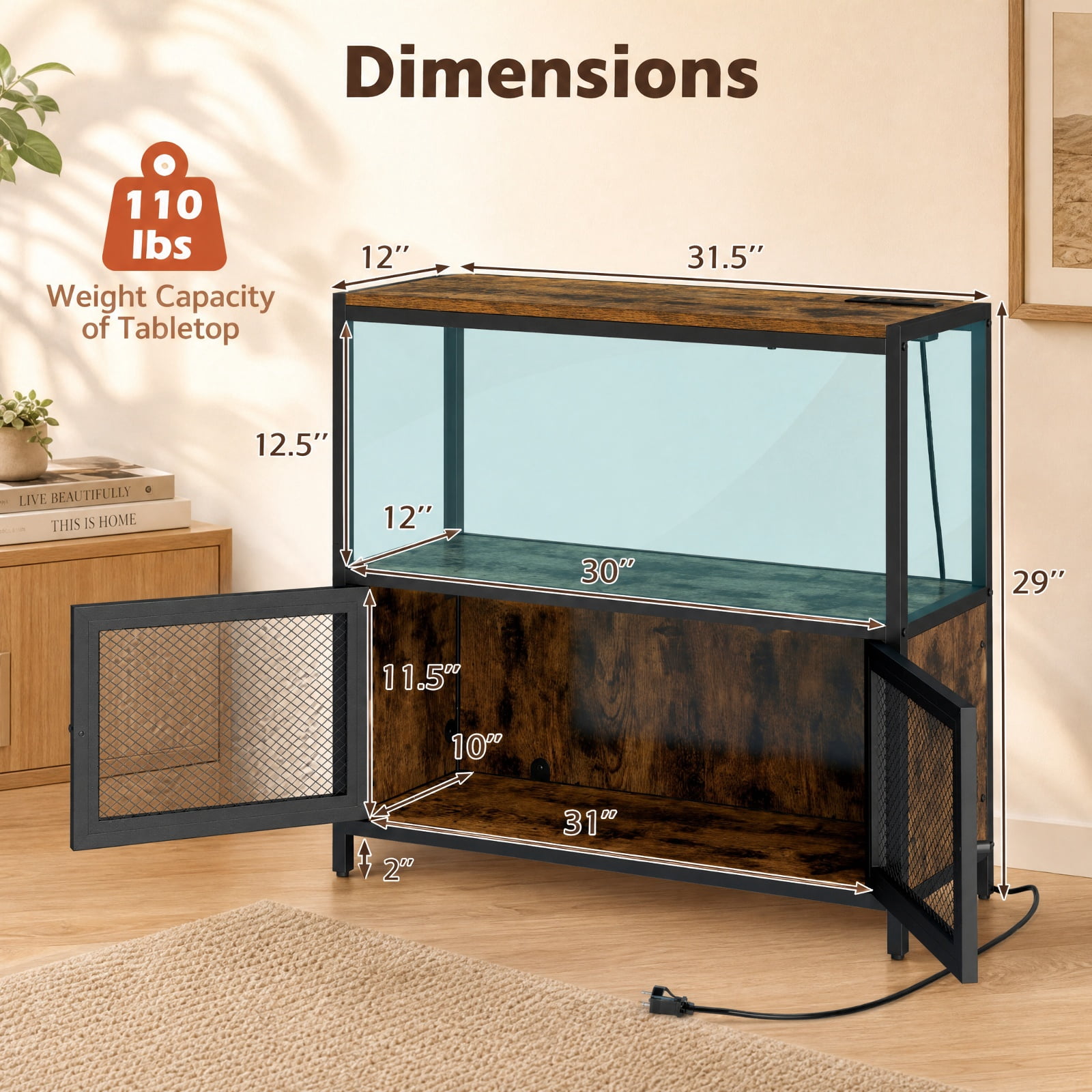 Furnibear Coffee Bar Cabinet with LED Lights and Built in Charging Station 3 Tier Open Shelf Storage for Home Kitchen Coffee Station, Rustic Brown