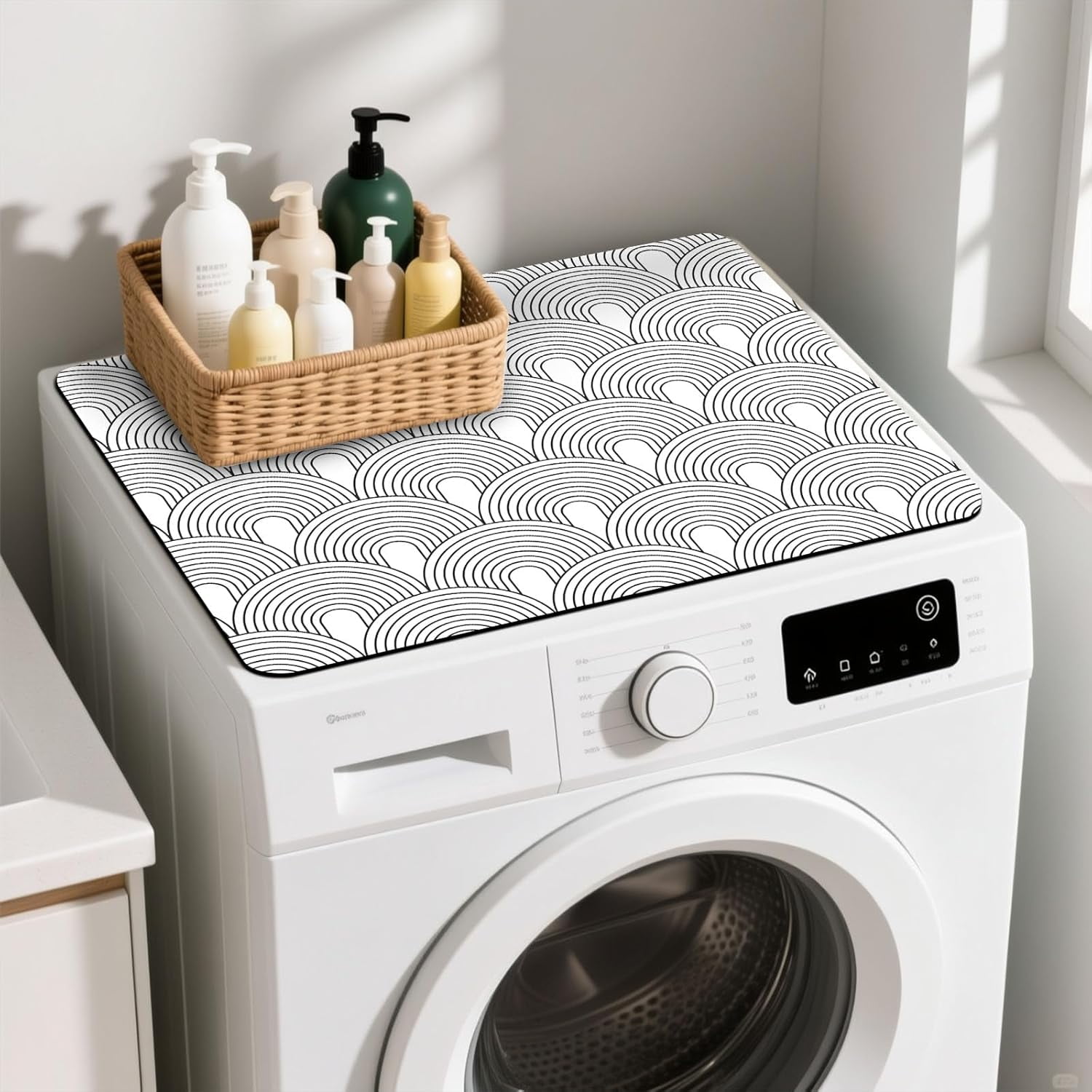 Non-Slip Washer & Dryer Top Cover Protector Mat Dust-Proof Washing Machine Cover Pad With Black White Modern Arched Design Universal 23.6"x19.7" for Laundry Room & Kitchen Decor