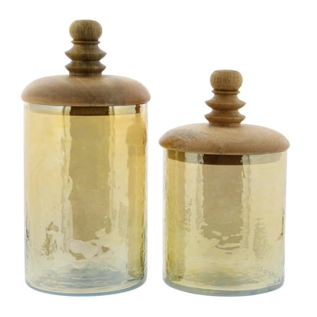 Decmode Modern 8 And 11 Inch Cylindrical Glass And Mango Wood Jars, Gold - Set of 2