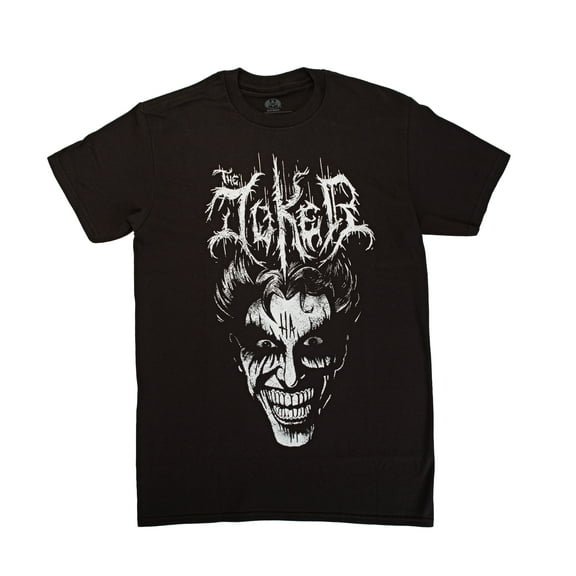 Joker Mens T-Shirt  - Metal Style Black and White Face Under Name (Large)