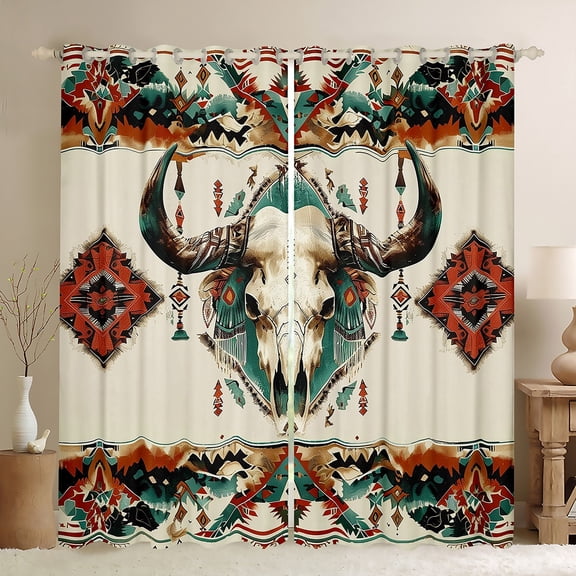 Homewish Vinatage Bull Skull Black Out Curtains,Retro Bohemain Tribal Curtains Pack of 2 (42x63 Each),Beige Cyan Orange Bedroom Curtains For Boys Kids,Breathable Home Decor