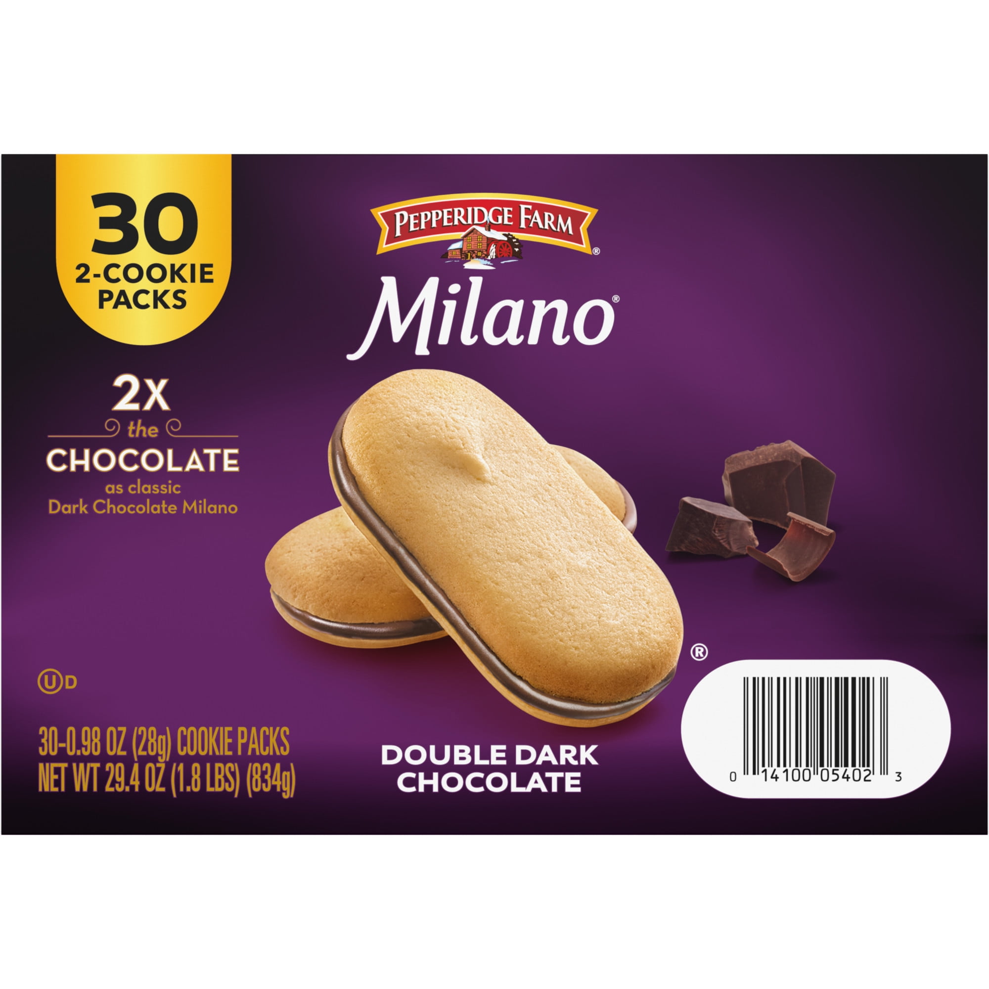 Pepperidge Farm Milano Cookies, Double Dark Chocolate, 30 Packs, 2 Cookies per Pack