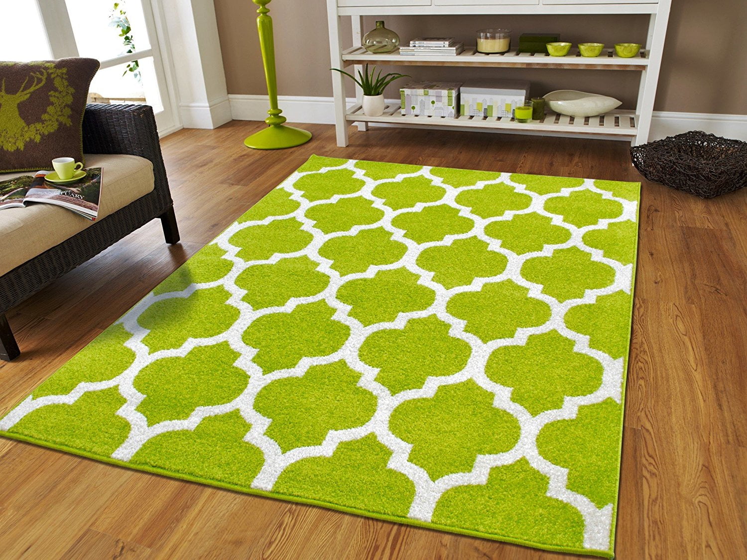 living room with green rugs