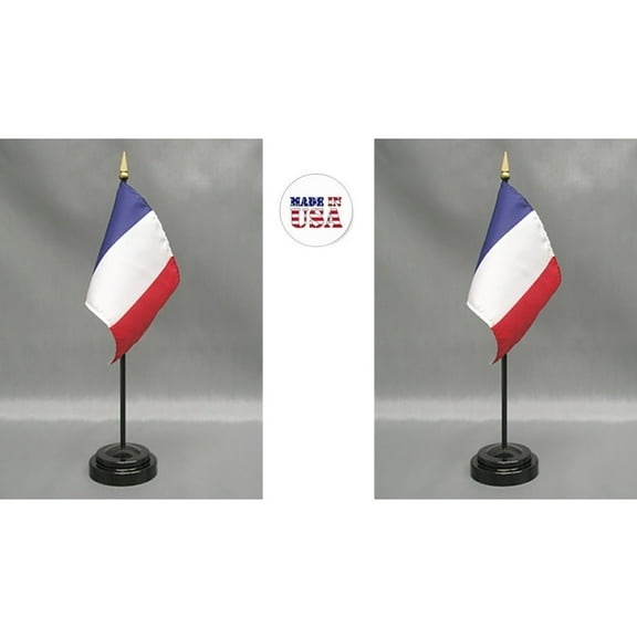 Made in The USA. 2 France Rayon 4"x6" Miniature Office Desk & Little Hand Waving Table Flags Includes 2 Flag Stands & 2 Small Mini French Stick Flags