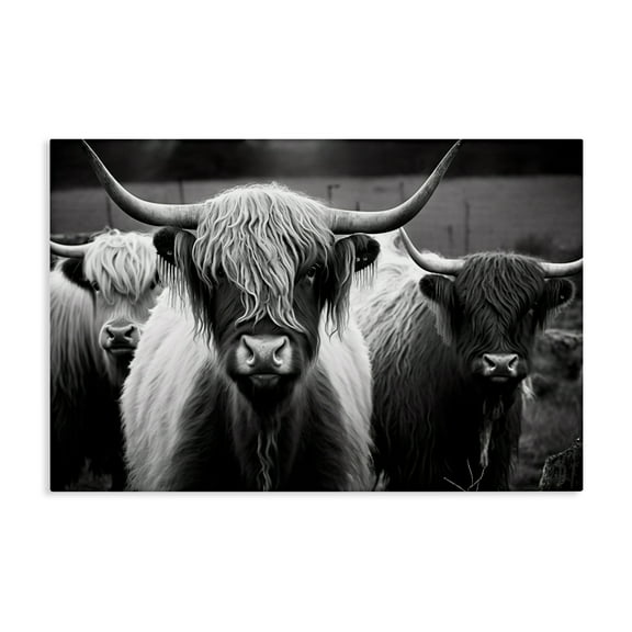 Stupell Industries Black & White Highland Cows Animals Painting Wrapped Canvas Art Print Wall Art, 24 x 16