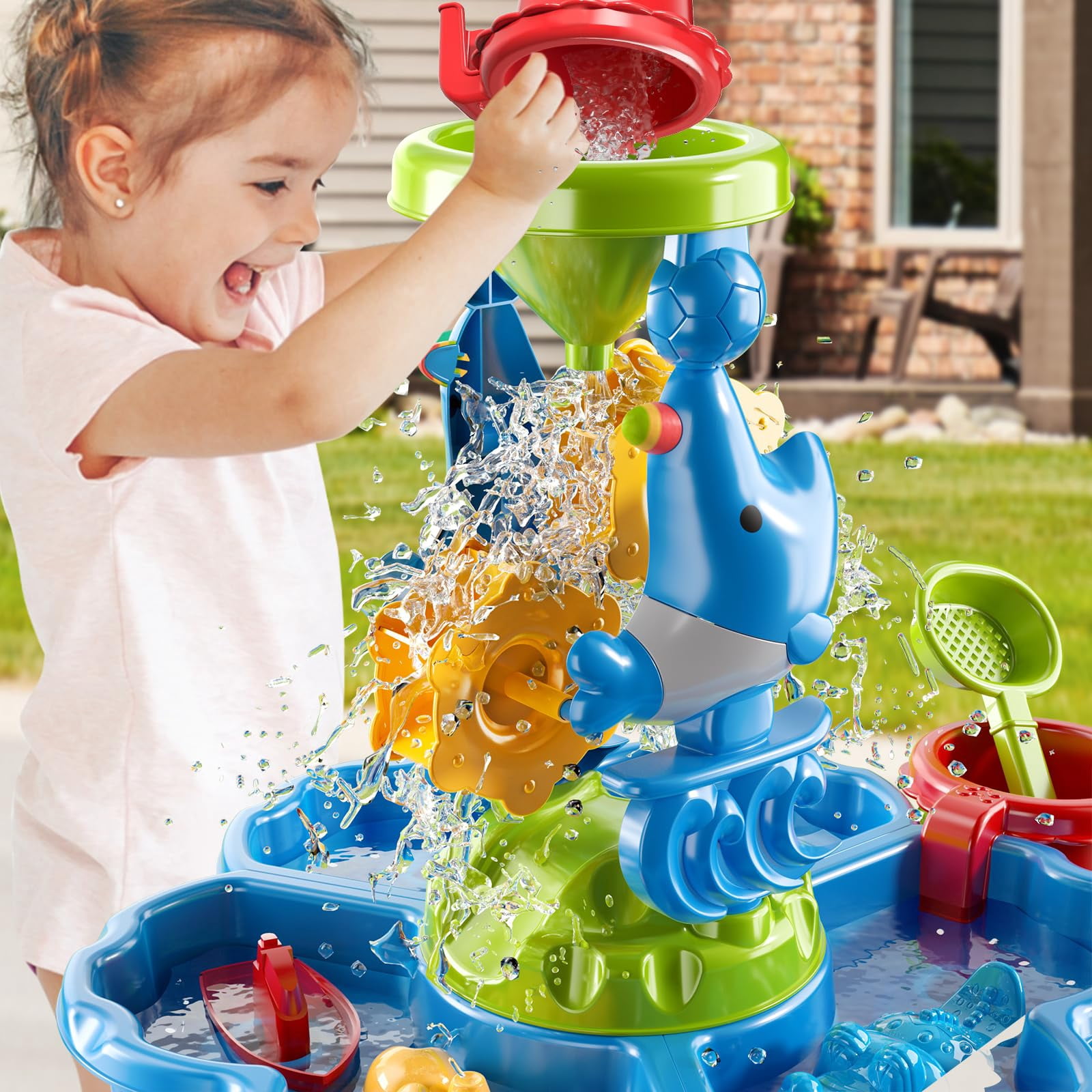Roue Eau Fleurie Table Sensorielle à Eau Pour Tout-Petits - Pompe Électrique Circulaire + Roue D'Eau Fleurie Détachable - Jeu Éducatif Étanche