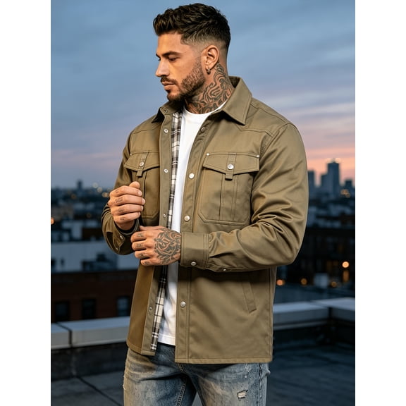 Men's multi pocket lapel long sleeved workwear shirt with American workwear style design, shaping a tough and capable male image, suitable for outdoor travel, daily shopping and dressing occasions