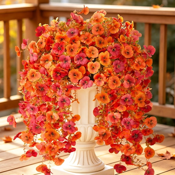 Lumikrypt Artificial Fall Flowers for Outdoor, 4 Pack Faux Pansy, Faux Autumn Hanging Plants, UV Resistant & no Fade, Silk Flower for Porch Patio Outdoor Decor, Orange Autumn Red