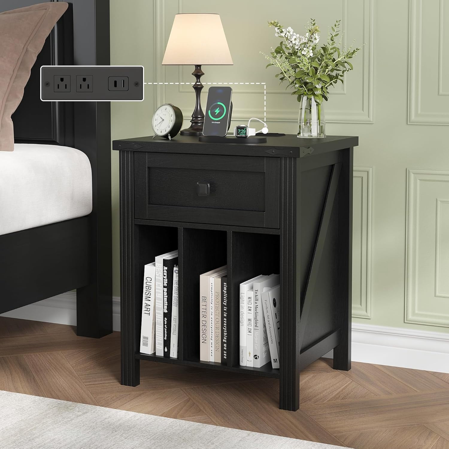 VEANERWOOD Nightstand with Drawers and Charging Station, Farmhouse Vinyl Record Storage Cabinet End Table for Bedroom Living Room