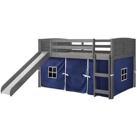 Roseberry Kids Solid Wood Low Slide Twin Loft Bed with Tent in Gray/Blue