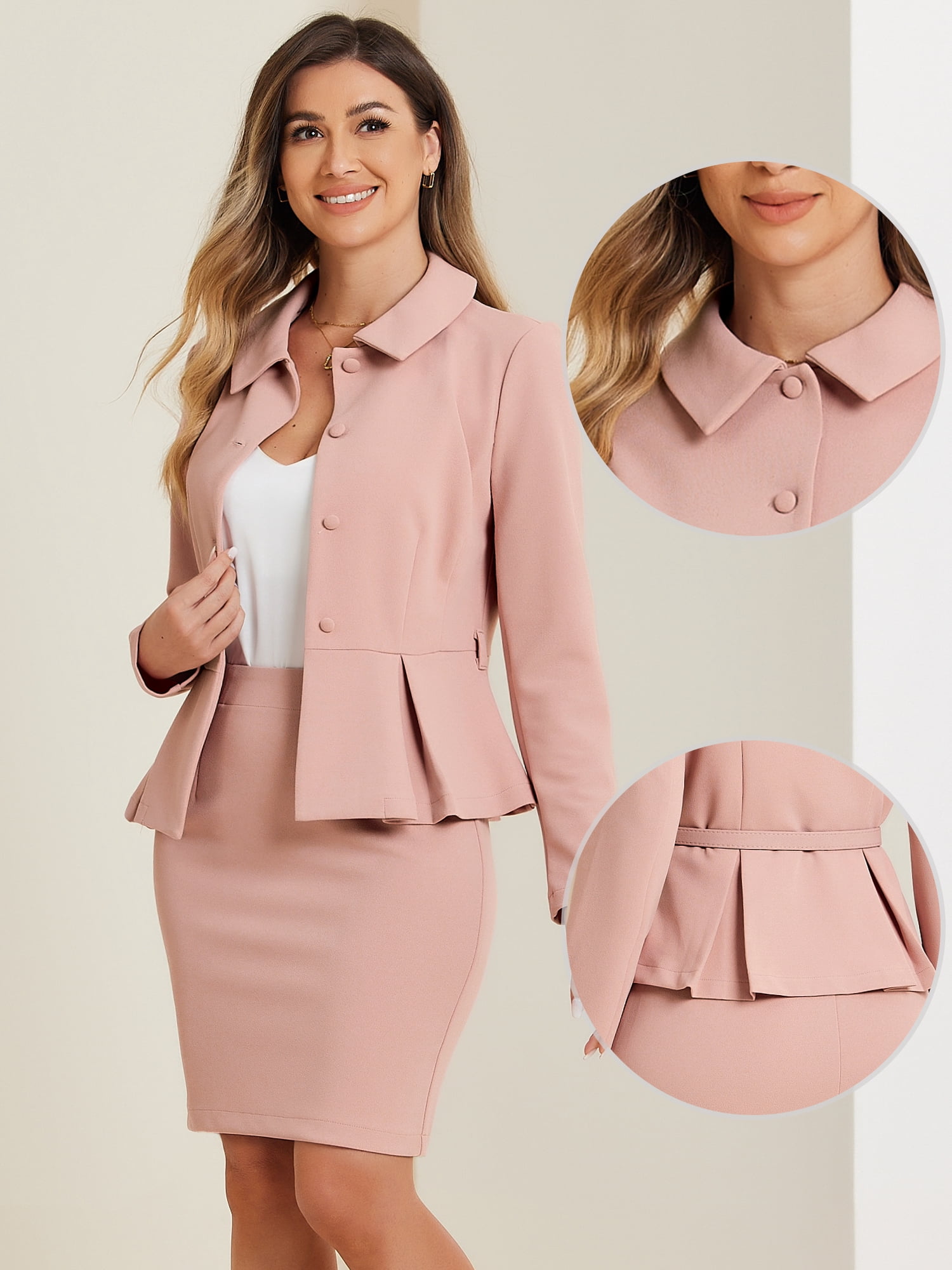DARING DIVA 2Pcs Women's Business Peplum Blazer Jacket Mini Pencil Skirt Set XL Pink