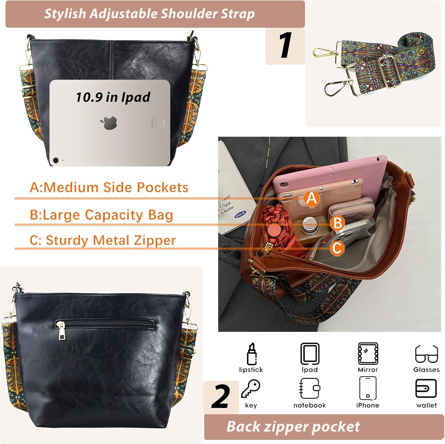 Kwuty Hobo Bags Vegan Leather Crossbody Bag Guitar Strap Shoulder Purses with Zipper Handbags for Women